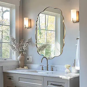 ANDY STAR Brushed Gold Oval Bathroom Mirror, 24x36 Inch Wavy Scalloped Wall Mirror, Anti-Rust Brass Metal Mirror for Bathroom Hang Vertical or Horizontal