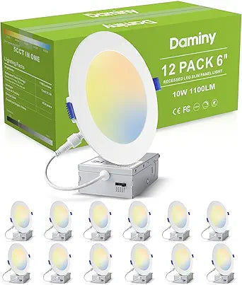 DAMINY 12 Pack 6 Inch LED Recessed Lighting with Junction Box,5CCT,Ultra-Thin Recessed Light,10W 1100LM, Dimmable Canless Wafer Ceiling Light, High Brightness