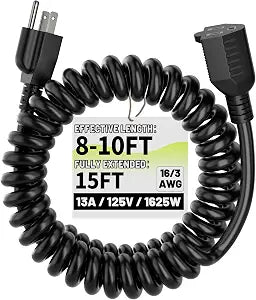 Vockjour 10 FT 16AWG 3 Prong Black Coiled Extension Cord for Electric Tools