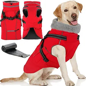 Doglay 2 in 1 Dog Coat with Harness Built-in, Waterproof Dog Winter Jacket with Pocket & Poop Bags, Reflective Adjustable Pet Winter Coat for Small, Medium, Large Dogs - Red, 3XL