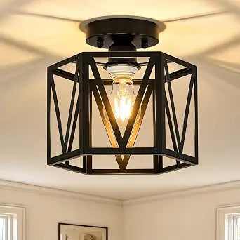 Small Black Farmhouse Semi Flush Mount Ceiling Light, 1-Light