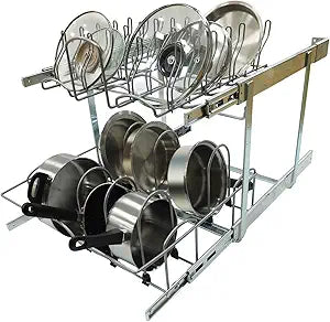 2 Tier Pull Out Pot and Pan Organizer, Pull Out Cabinet Organizer for Pot Pan Lid Organization, Individual Slide Out Cookware Organizer (20"W x 22" D, Cookware Organizer)