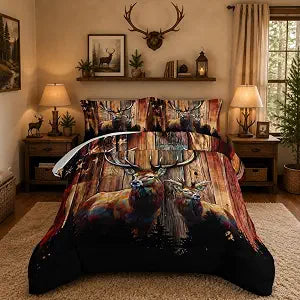 Forest Deer American Flag Bedding Set Twin Size with 2 Pillowcases.