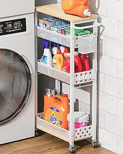 Slim Storage Cart 4 Tier Laundry Cart with Wheels, Narrow Metal Kitchen Rolling Carts Bathroom Organizers Storage Shelf with Wood Rack and Handle for Small Space