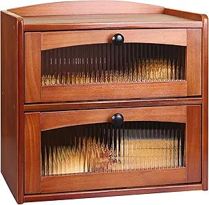 Bread box for Kitchen Countertop Double Layer Large, Solid Wooden Farmhouse Bread Storage Container with Acrylic Window, Bread Holder Organizer Bin for Homemade Bread and Pantry(Teak)