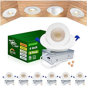 zouzai 6 Pack 4 Inch Gimbal Led Recessed Lights, 5CCT Dimmable, 360+90 Adjustable Directional Eyeball Downlight with Jbox 2700K/3000K/3500K/4000K/5000K, 10W 980LM, ETL, White