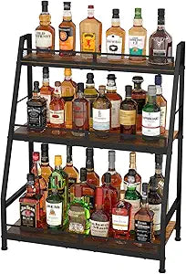 3-Tier (Safe Height for Kids & Pets) Expanded Liquor Stand, Trapezoid Wine Rack Freestanding Floor, Large-Capacity Bar Stand for Liquor Whiskey Wine Storage, Vintage Liquor Cabinet Bar for Home
