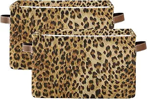 Leopard Print Canvas Storage Bin - Large Animal Toys Basket Cube Box With Handles for Home Office Bedroom Closet Shelves, 2 Pcs