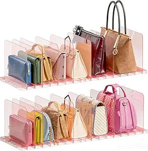 PAVSTINE Purse Organizer for Closet, Stackable Handbag Storage Shelf, Adjustable Clear Shelf Dividers, Keep Clutch, Bag, Pocketbook Upright, for Bedroom(Pink)