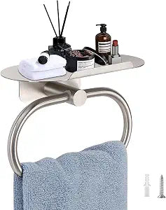 Hand Towel Ring with Shelf, Stainless Steel Hand Towel Holder, Heavy Duty Bath Accessories, Wall Mounted Towel Hanger for Bathroom Kitchen (Brushed Nickel)