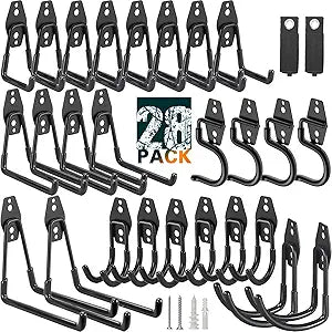 28 Pack Heavy Duty Garage Hooks, Utility Wall Mounted Storage System, with Anti-Slip Coating Hanger, for Hanging Power and Garden Tools, Ladders, Bikes, Ropes and Bulk Items