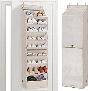 STORAGE MANIAC Over the Door Shoe Organizer with Curtain Dustproof Heavy-Duty Large Deep Pocket Hanging Shoe Organizer for Closet Dorm & Narrow Door Storage Shoe Holder Shoe Rack, 9-Shelf Beige 1 Pack