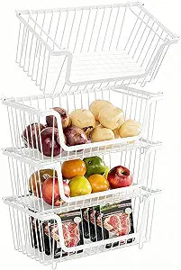 GAOKASE 4 Pcs Stackable Wire Baskets for Pantry Organizers and Storage,Vegetable Fruit Basket for Countertop,Kitchen Storage Metal Baskets,Produce Potato Onion Storage Bin,White