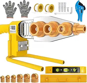 Plastic Pipe Welder Kit, 1000W Electric Hot Melt Welding Tool for PPR/PE Plastic Water Pipe, Hot Melt Tool with 6 Interchangeable Diameter Heating Heads & Pipe Cutter (110V)