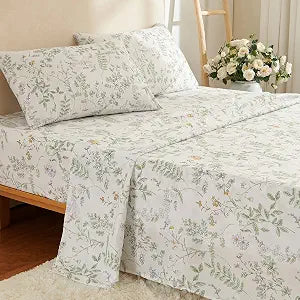 CCoutueChen Botanical Bed Sheets Queen Size 4 Piece Sheet Set, Sage Green Floral Shabby Chic Leaves Pattern Printed Coquette Aesthetic Bedding, Deep Pocket, Soft Microfiber