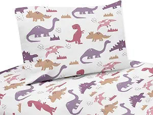Sweet Jojo Designs 4pc Full Size Sheets Set (Pink Purple Dinosaur) for Girls, Kids, Childrens, Bedding incl. Double Bed Flat Fitted Sheet & Pillow Case (Orange, Modern Dino, Dinosaurs Theme, T-Trex)