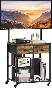 YATINEY TV Stand with Mount, Corner TV Stand with Wheels, for TVs up to 50 Inches, Rolling Entertainment Center, Small TV Stands, for Living Room, Meeting Room, Bedroom, Rustic Brown DS08BR