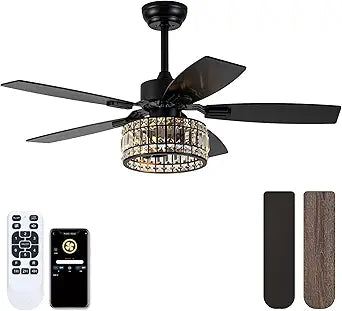 Chandelier Ceiling Fans with Lights and Remote,Caged Ceiling Fan with Light,App 5 Blades E26 Fandelier Ceiling Fans with Lights,Crystal Ceiling Fan for Bedroom,Living Room. (Black, 42 Inch)