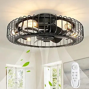 YUHAO 20 Inch Caged Ceiling Fan with 6 Lights and Remote, Low Profile Flush Mount Ceiling Fan Light, Small Black Ceiling Fan Fixtures, Quiet DC Ceiling Fans For Indoor or Covered Outdoor