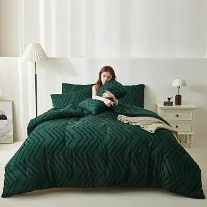 Tufted Boho King Size Comforter Set, Emerald Green Bohemian Farmhouse Bedding Set, 3 Pieces All Season Soft Microfiber Comforter & Pillow Cases for Women Girls Teens