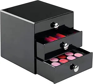iDesign 35360 3-Drawer Plastic Vanity Organizer, Compact Storage Organization Set for Cosmetics, Dental Supplies, Hair Care, Bathroom, Dorm, Desk, Countertop, Office, 6.5" x 6.5" x 6.5", Black