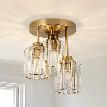 Gold Close to Ceiling Light Fixtures, 3-Light Crystal Ceiling Light with Clear K9 Crystal Shades, Modern Semi Flush Mount Ceiling Light for Hallway Kitchen Bathroom Entryway