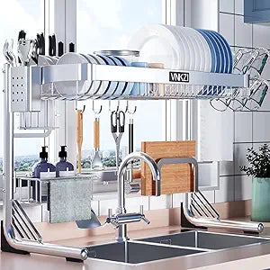 VNKZI Over Sink Dish Drying Rack, 2 Tier Full Stainless Steel Storage Adjustable Length (25.98'' to 36.61'') Kitchen Rack, Multifunctional Expandable Counter Organizer, Space Saver Dish Rack