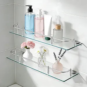 Glass Bathroom Shelves, Rectangular Tempered Glass Floating Shelves for Wall with 304 Stainless Steel Rail and Zinc Alloy Bracket, 2 Pack