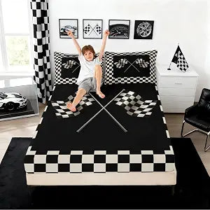 Checkered Flag Bedding Set Twin Size Black and White Bed Set for Girls Teens Bedroom Decor Kids Racing Theme Fitted Sheet Soft Geometric Grid Bed Cover(1 Fitted Sheet+1 Pillow Case) No Flat Sheet