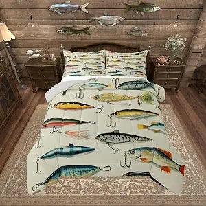 Erosebridal Big Pike Fish Bedding Set Twin for Boys, Hunting and Fishing Comforter Set Retro Vintage Marine Life Comforter for Rustic Cabin Lake House, Fishing Quilt 2 Piece with 1 Pillowcase