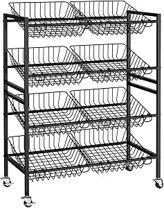 Evermagin 25.2''W Kitchen Storage Cart, Rolling Snack Cart, 4 Tier Fruit Basket Vegetable Stand, Metal Pantry Storage Organizer with 8 Removable Baskets for Onion Potato, Black