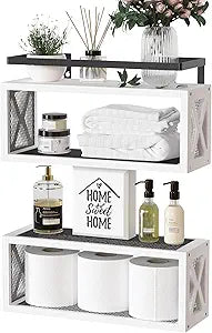RICHER HOUSE Floating Shelves with Guardrail, Rustic Wood Shelves for Wall Dcor, Farmhouse Bathroom Accessories Wall Mounted, Bathroom Organizer Over Toilet Storage, Kitchen, Living Room - White