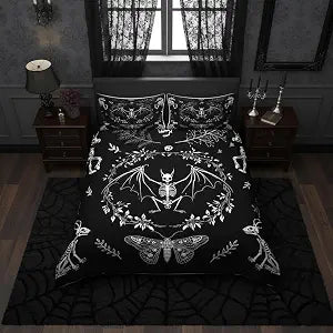 Castle Fairy Moth Animal Theme Duvet Cover Queen Size,Gothic Skull Boho Comforter Cover with 2 Pillowcase for Adults,Black and White Skeleton Decorative Soft Bedding Set,No Comforter