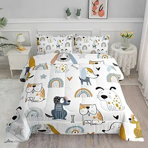 Datura Home Kawaii Dogs Comforter Set - Cute Dogs and Rainbow Printed Quilt Bedding Set with 1 Comforter and 2 Pillowcases for Boys and Girls Twin Bedroom All Season