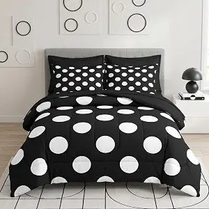 Pamnest Comforter Set Queen Size, Polka Dot 7 Pcs Bedding for Kids and Adults, Black and White Bed Sheet Sets with Fitted Sheet 2 Pillowcase & 2 Sham for Bedroom Bed Decor