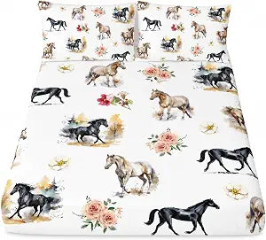 AILONEN 3D Horse Fitted Sheet, Galloping Horse with Flowers Bed Sheets Set for Kids Boys Twin Size,Tie Dye Farm Animals Bedheets Set,3Pcs,1 Deep Pocket and 2 Pillowcases