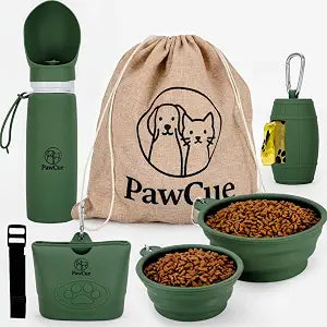 Dog Travel Kit 7-in-1  Collapsible Bowls, Water Bottle, Treat Pouch, Waste Bag Holder, Strap & Carry Bag  Portable Pet Travel Essentials for Walks, Hiking, Road Trips & Everyday Use  PawCue