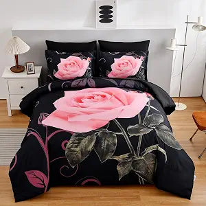 Xruibed Blush Comforter Set King, 7 Pieces Pink and Black Rose Bedding Set
