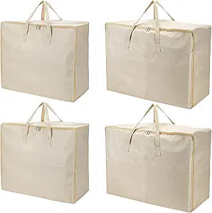 4PCS Large Storage Bags with 2 Sizes Cotton and Linen Closet Organizers Storage with Reinforced Handle Comforter Organizer for Blankets Comforters Bedding Clothes Pillows (Beige)