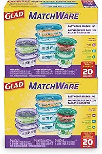 Glad GladWare MatchWare Food Storage Containers with Lids, BPA Free Reusable Plastic 20 Piece Variety Pack for Lunches, Meal Prep, and Leftovers, Leak Resistant, Microwave and Dishwasher Safe - 2 Pack