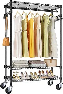 VIPEK R3 Heavy Duty Garment Rack with Lockable Wheels, Portable Rolling Closet with Adjustable Shelves & Hanging Rod & Side Hooks, Compact Space-Saving Storage for Small Apartments/Dorms (Black)