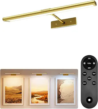 EZVALO Picture Light for Wall, 4800mAh Rechargeable Wireless Remote, 16 Dimmable Magnetic LED Art Display Light with 3 Color Temperatures, for Gallery, Living Room, Bedroom, Hallway (Gold)