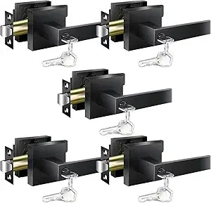 Door Handles Interior, Door Knobs Interior, Black Door Handle with Reversible Lever, Keyed Alike Door Lock Sets for Bedroom, 5 Packs Heavy Duty Door Lock Sets, Matte Black