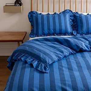 Merryword Luxury 100% Cotton Duvet Cover Set Queen Size  Navy Blue Wide Stripe with Ruffled Edges, Soft Breathable Bedding Set 3 Pieces, Zipper Closure & 8 Corner Ties