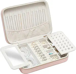 Genuine Leather Travel Jewelry Organizer Case Box with Mirror for Women, Small Mini Portable Jewelry Box for Ring Earrings Necklace Bracelet Luxury Gift for WomenPink