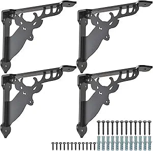 SELEWARE Heavy Duty Shelf Brackets 10 Inch, Deer Shelves Brackets, 300LB Capacity Decorative Metal L Brackets for Floating Shelves, Black Rustic Wall Mount Shelving Bracket with Screws, 4 Pack