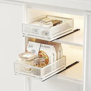2 Pack Pull Out Cabinet Organizer, No Drill Adhesive Sliding Drawers for Kitchen, Metal Mesh Wire Storage Shelf for Pantry & Under Sink, White (9.6" W x 11.8" D x 3.9" H)