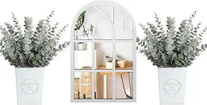 Chunful 3 Pcs Farmhouse Wall Decoration, Self Adhesive Arched Acrylic Mirror and 2 Galvanized Planters, Farmhouse Mirror with Wooden Frame for Bedroom Living Room (Vintage Style,8.7 x 6.7 x 3 Inch)