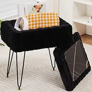 Wimarsbon Storage Ottoman, Vanity Stools with Metal Legs, 16.5" x 11.8" x 18" Modern Faux Mink Fur Footstool, Makeup Chair with Anti-Slip Feet, Accent Table,Footrest,Storage Bench for Bedroom