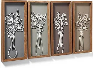 Novabright 3D Wooden Floral Bathroom Wall Decor Set of 4 Morandi Vase Flower Earth Tones Wall Boho Art Botanical Farmhouse Bathroom Decorations For Living Room, Bedroom, Office